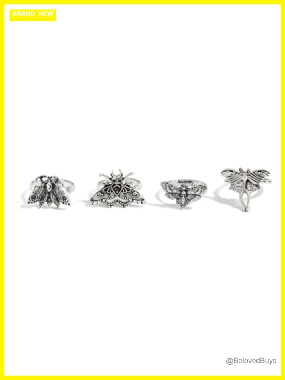 4 Pc Gothic Skull Moth Butterfly Adjustable Rings Set Grunge Y2K Emo Jewelry